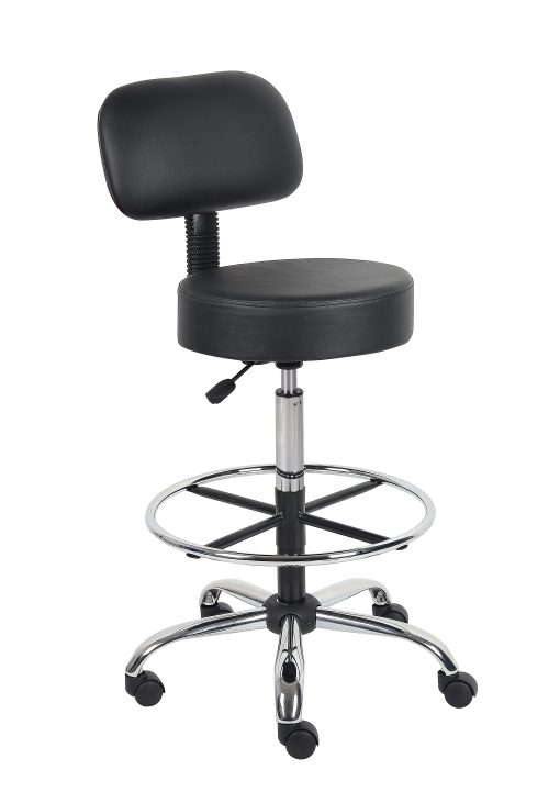 Boss Office Products Antimicrobial Medical Stool With Back And Foot Ring, Black/Chrome
