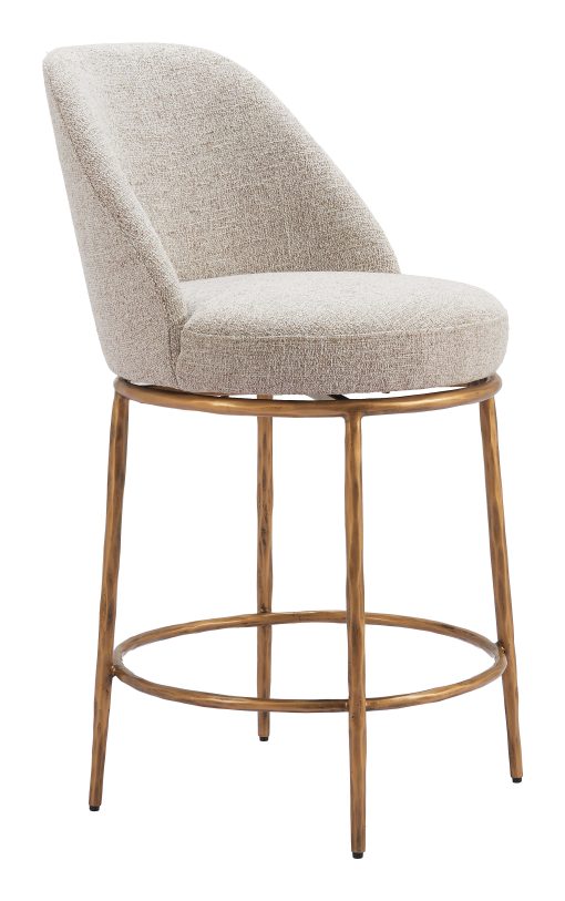 Zuo Nordhavn Swivel Counter-Height Stool, Beige/Gold