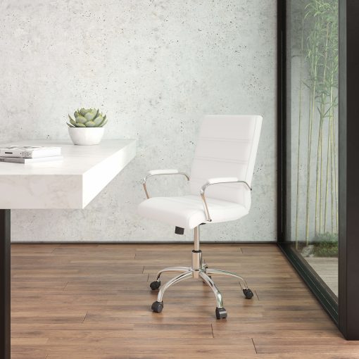 Flash Furniture LeatherSoft™ Faux Leather Mid-Back Office Chair With Chrome Base And Arms, White/Gray