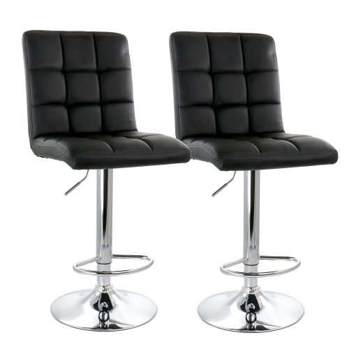 Elama Square Tufted Faux Leather Adjustable Bar Stools, Black/Chrome, Set Of 2 Stools