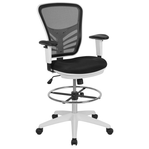 Flash Furniture Mid-Back Mesh Ergonomic Drafting Chair with Adjustable Chrome Foot Ring, Adjustable Arms, Black/White - Image 2