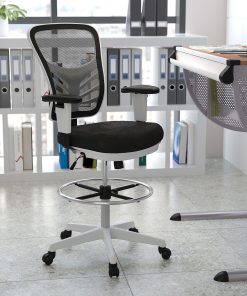 Flash Furniture Mid-Back Mesh Ergonomic Drafting Chair with Adjustable Chrome Foot Ring, Adjustable Arms, Black/White