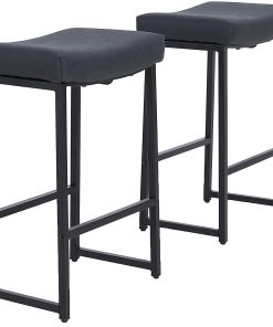 ALPHA HOME Saddle Design PU Leather Counter-Height Stools, Black, Set Of 2 Stools