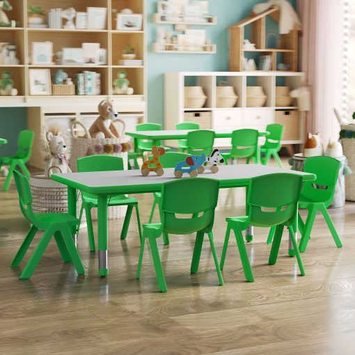 Flash Furniture Plastic Height-Adjustable Activity Table with 6 Chairs, 23-1/2"H x 23-5/8''W x 47-1/4''D, Green