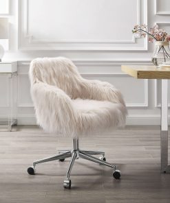 Linon Aria Faux Fur Mid-Back Home Office Chair, Pink/Chrome 2