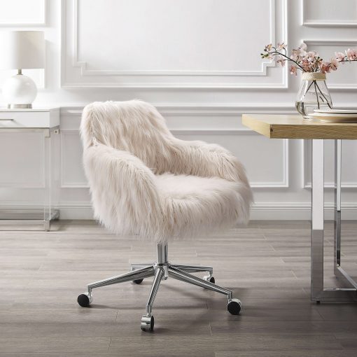 Linon Aria Faux Fur Mid-Back Home Office Chair, Pink/Chrome - Image 2