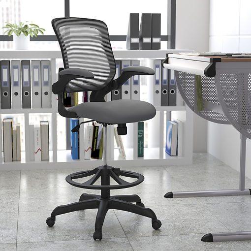 Flash Furniture Mid Back Mesh Ergonomic Drafting Chair with Adjustable Foot Ring and Flip-Up Arms, Dark Gray