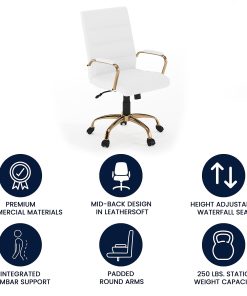 Flash Furniture LeatherSoft™ Faux Leather Mid-Back Office Chair With Chrome Base And Arms, White/Gold 2