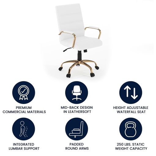 Flash Furniture LeatherSoft™ Faux Leather Mid-Back Office Chair With Chrome Base And Arms, White/Gold - Image 2
