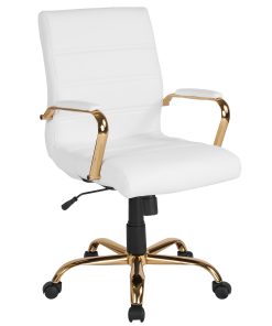 Flash Furniture LeatherSoft™ Faux Leather Mid-Back Office Chair With Chrome Base And Arms, White/Gold
