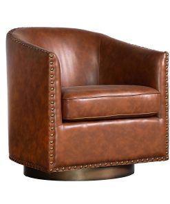 Flash Furniture Myles Club Style Commercial Barrel Accent Armchair with 360° Swivel Metal Base and Upholstery with Decorative Nail Head Trim, Brown