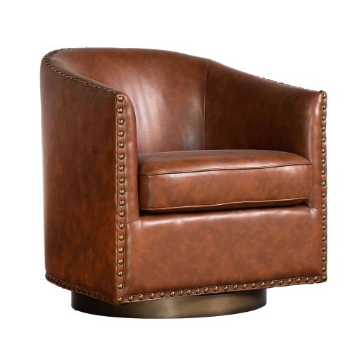 Flash Furniture Myles Club Style Commercial Barrel Accent Armchair with 360° Swivel Metal Base and Upholstery with Decorative Nail Head Trim, Brown