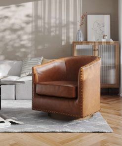 Flash Furniture Myles Club Style Commercial Barrel Accent Armchair with 360° Swivel Metal Base and Upholstery with Decorative Nail Head Trim, Brown 2