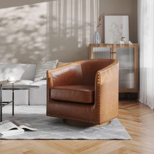 Flash Furniture Myles Club Style Commercial Barrel Accent Armchair with 360° Swivel Metal Base and Upholstery with Decorative Nail Head Trim, Brown - Image 2