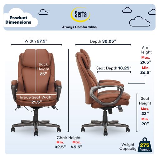 Serta® Smart Layers™ Arlington AIR™ Ergonomic Bonded Leather High-Back Executive Office Chair, Cognac Brown/Dark Gray, BIFMA Compliant - Image 2