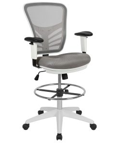 Flash Furniture Mid-Back Mesh Ergonomic Drafting Chair with Adjustable Chrome Foot Ring, Adjustable Arms, Light Gray/White 2