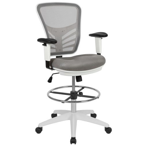 Flash Furniture Mid-Back Mesh Ergonomic Drafting Chair with Adjustable Chrome Foot Ring, Adjustable Arms, Light Gray/White - Image 2