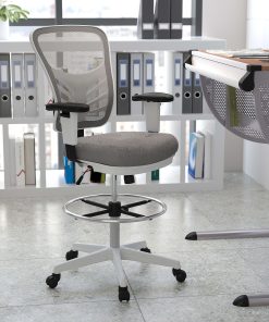 Flash Furniture Mid-Back Mesh Ergonomic Drafting Chair with Adjustable Chrome Foot Ring, Adjustable Arms, Light Gray/White