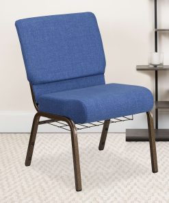 Flash Furniture HERCULES Series Church Chair With Book Rack, Blue/Gold Vein