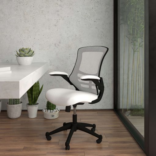 Flash Furniture Mesh Mid-Back Swivel Task Chair With Flip-Up Arms, White/Black - Image 2