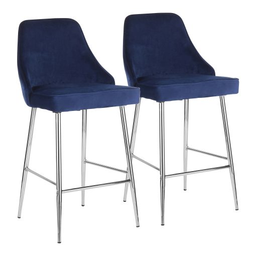 LumiSource Marcel Counter Stools, Chrome/Navy Blue, Set Of 2 Stools