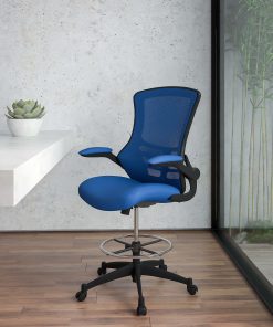 Flash Furniture Mid-Back Mesh Ergonomic Drafting Chair with Adjustable Foot Ring and Flip-Up Arms, Blue