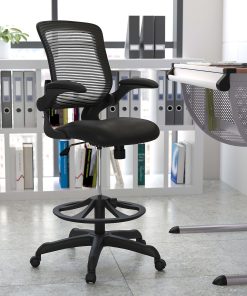 Flash Furniture Mid Back Mesh Ergonomic Drafting Chair with Adjustable Foot Ring and Flip-Up Arms, Black