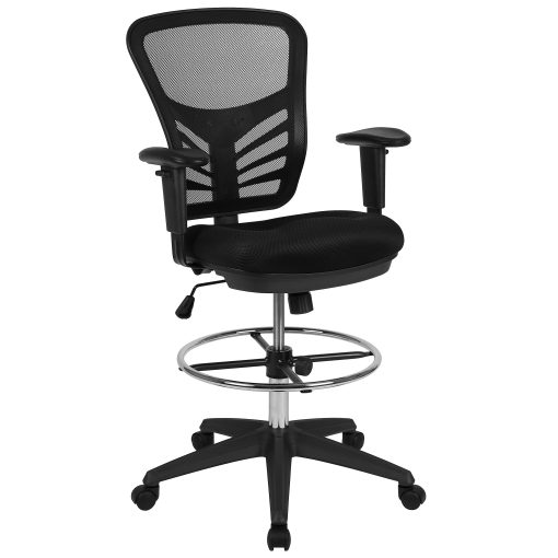 Flash Furniture Mid-Back Mesh Ergonomic Drafting Chair with Adjustable Chrome Foot Ring, Adjustable Arms, Black - Image 2