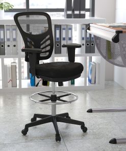 Flash Furniture Mid-Back Mesh Ergonomic Drafting Chair with Adjustable Chrome Foot Ring, Adjustable Arms, Black