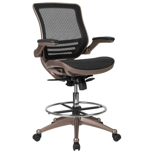 Flash Furniture Mid-Back Transparent Mesh Drafting Chair with Flip-Up Arms, Black/Gold - Image 2