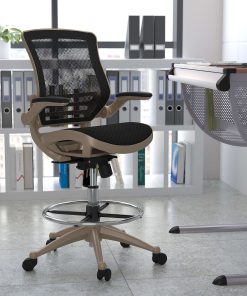 Flash Furniture Mid-Back Transparent Mesh Drafting Chair with Flip-Up Arms, Black/Gold