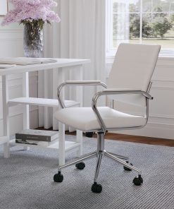Martha Stewart Piper Faux Leather Upholstered Mid-Back Executive Office Chair, White/Polished Nickel