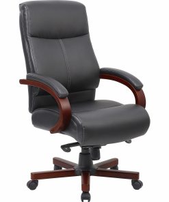Lorell® Executive Ergonomic Bonded Leather/Wood Chair, Black/Mahogany