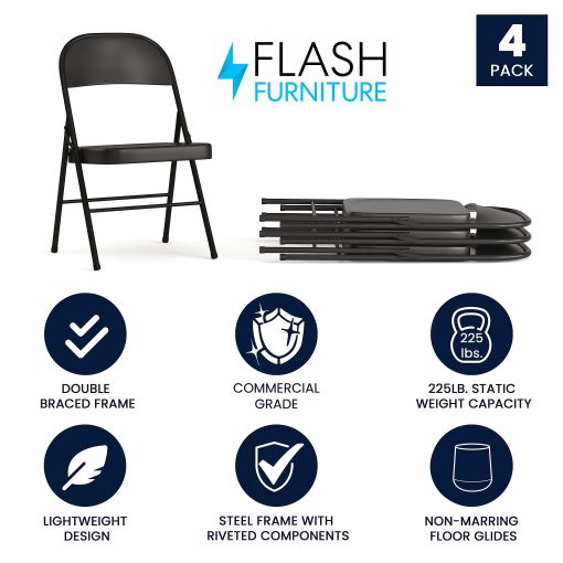 Flash Furniture Hercules Double-Braced Metal Folding Chairs, Set Of 4 Folding Chairs, Black - Image 2
