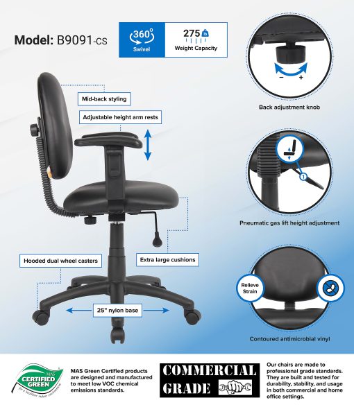 Boss Office Products Task Chair With Antimicrobial Protection, Adjustable Arms, Black - Image 2