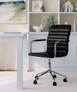 Martha Stewart Taytum Faux Leather Upholstered Mid-Back Executive Office Chair, Black/Polished Nickel