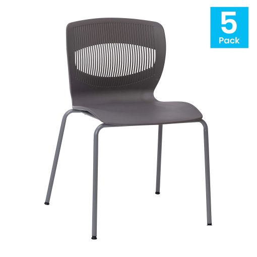 Flash Furniture HERCULES Series Commercial Grade 770-lb Capacity Ergonomic Stack Chairs With Lumbar Support, Gray/Silver, Set Of 5 Chairs - Image 2