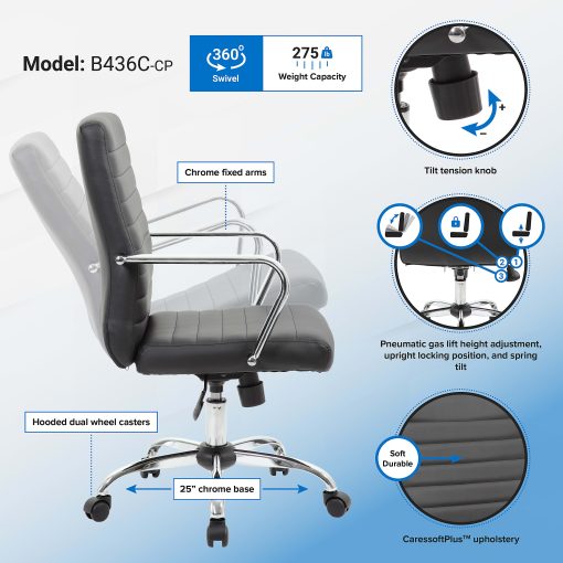 Boss Office Products Retro Caressoft Vinyl Mid-Back Task Chair, Black/Chrome - Image 2