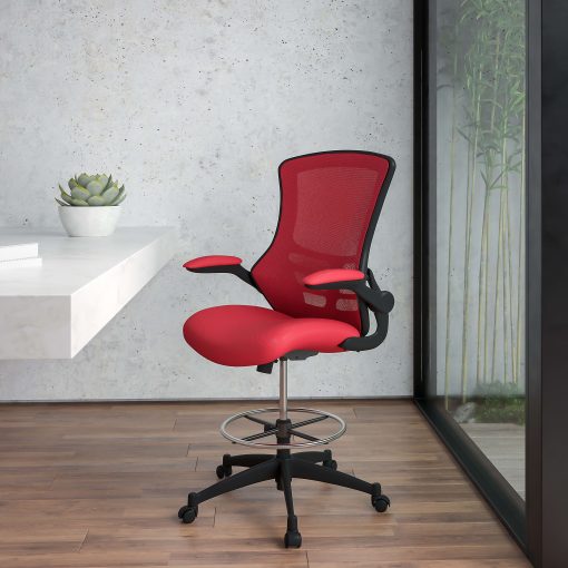 Flash Furniture Mid-Back Mesh Ergonomic Drafting Chair with Adjustable Foot Ring and Flip-Up Arms, Red - Image 2