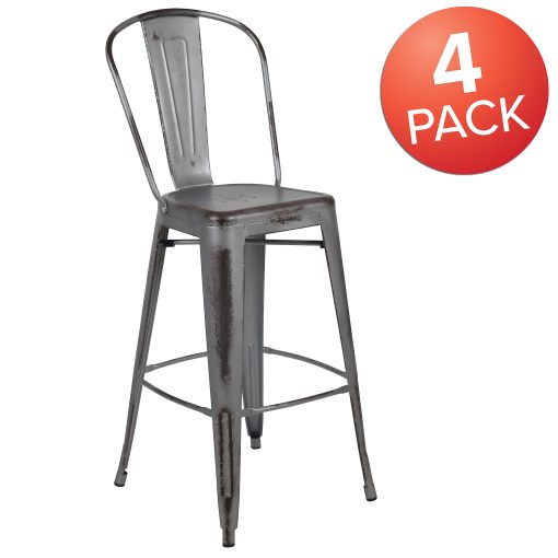 Flash Furniture Commercial-Grade 30" High-Back Metal Bar Stools, Set Of 4 Bar Stools, Silver - Image 2