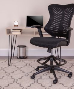 Flash Furniture Designer Mesh High-Back Drafting Chair With LeatherSoft Sides And Adjustable Arms, Black