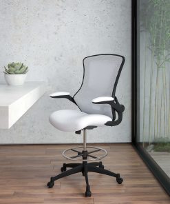 Flash Furniture Mid-Back Mesh Ergonomic Drafting Chair with Adjustable Foot Ring and Flip-Up Arms, White