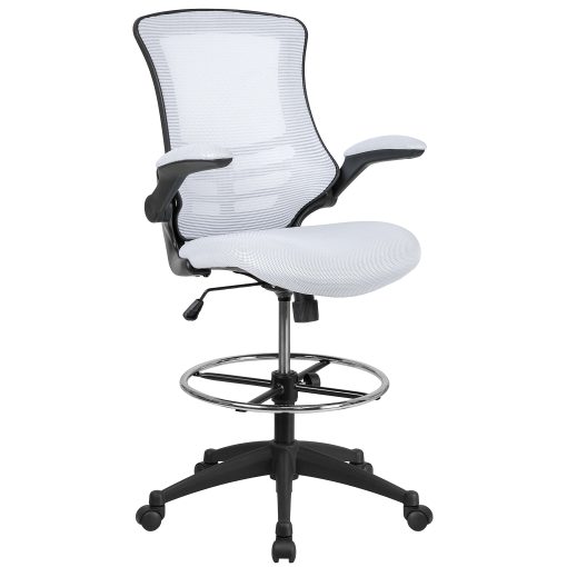 Flash Furniture Mid-Back Mesh Ergonomic Drafting Chair with Adjustable Foot Ring and Flip-Up Arms, White - Image 2