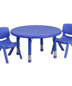 Flash Furniture Round Plastic Height-Adjustable Activity Table With 2 Chairs, 23-3/4" x 33", Blue