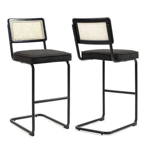 Glamour Home Ayo Boucle Barstools With Rattan Backs, Black, Set Of 2 Stools