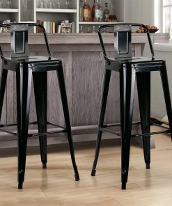 Glamour Home Barto Metal Barstools With Back, Black, Set Of 2 Barstools 2