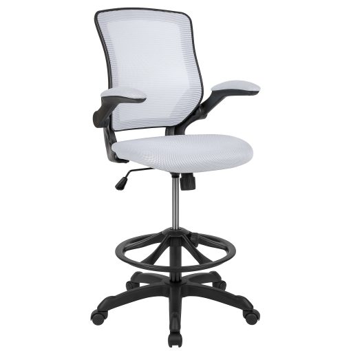 Flash Furniture Mid Back Mesh Ergonomic Drafting Chair with Adjustable Foot Ring and Flip-Up Arms, White - Image 2