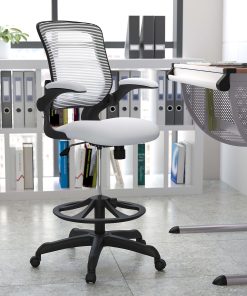 Flash Furniture Mid Back Mesh Ergonomic Drafting Chair with Adjustable Foot Ring and Flip-Up Arms, White