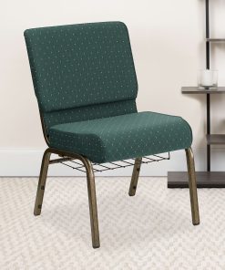 Flash Furniture HERCULES Series Church Chair With Book Rack, Hunter Green Dot/Gold Vein