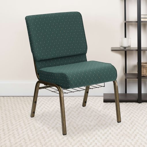 Flash Furniture HERCULES Series Church Chair With Book Rack, Hunter Green Dot/Gold Vein